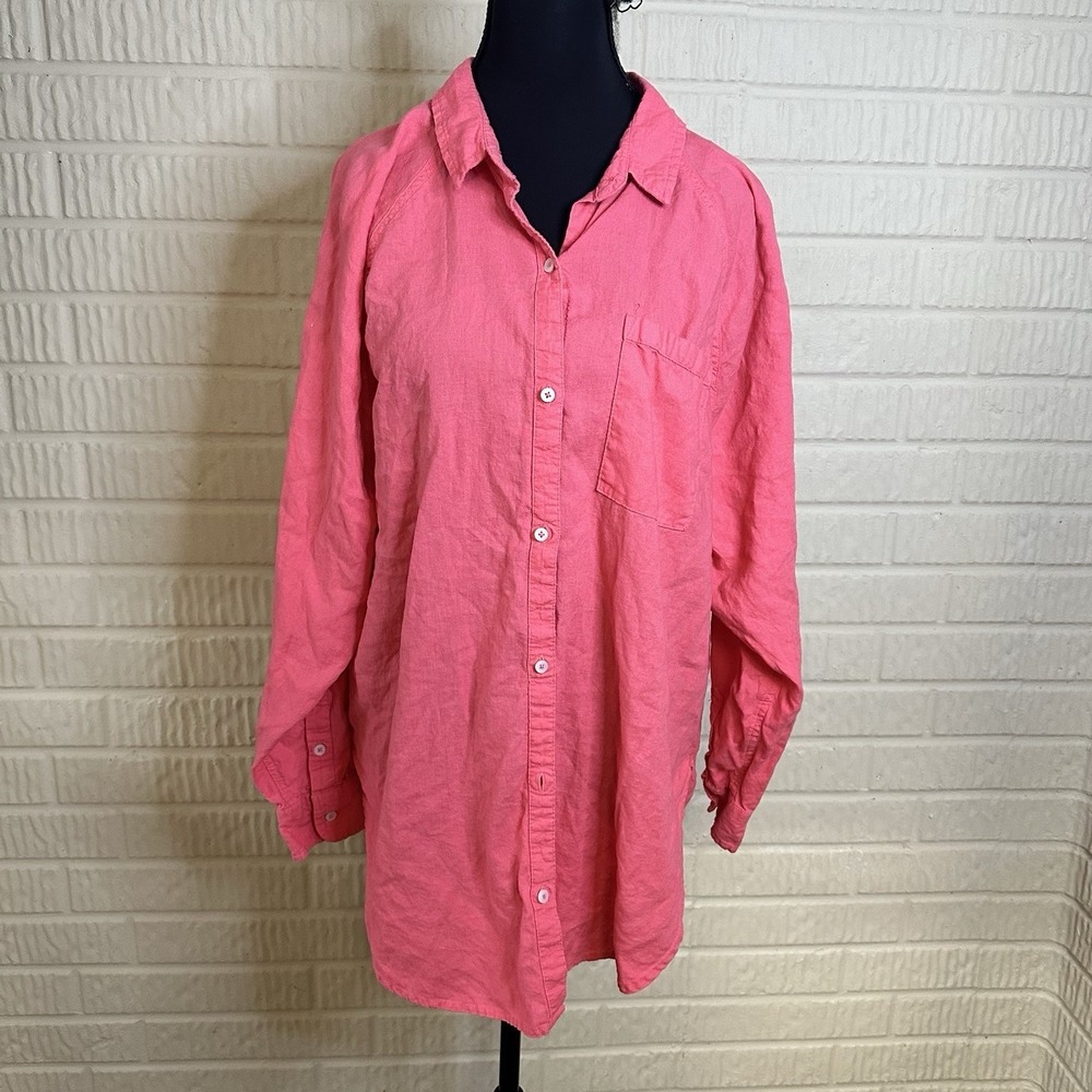 Aerie Linen Blend Cover Up Button Down Shirt Size M Haute Coral Tunic‎ Length